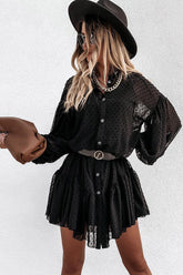 Robe babydoll mini à pois, col montant, boutonnée et manches évasées - Noir